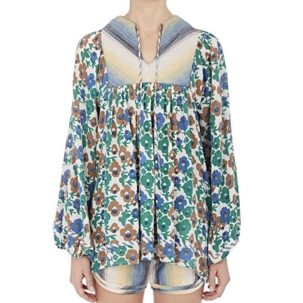 WARM Mixed Print Floral & Stripes Balloon Sleeve Hippie Babydoll Top Boho Retro